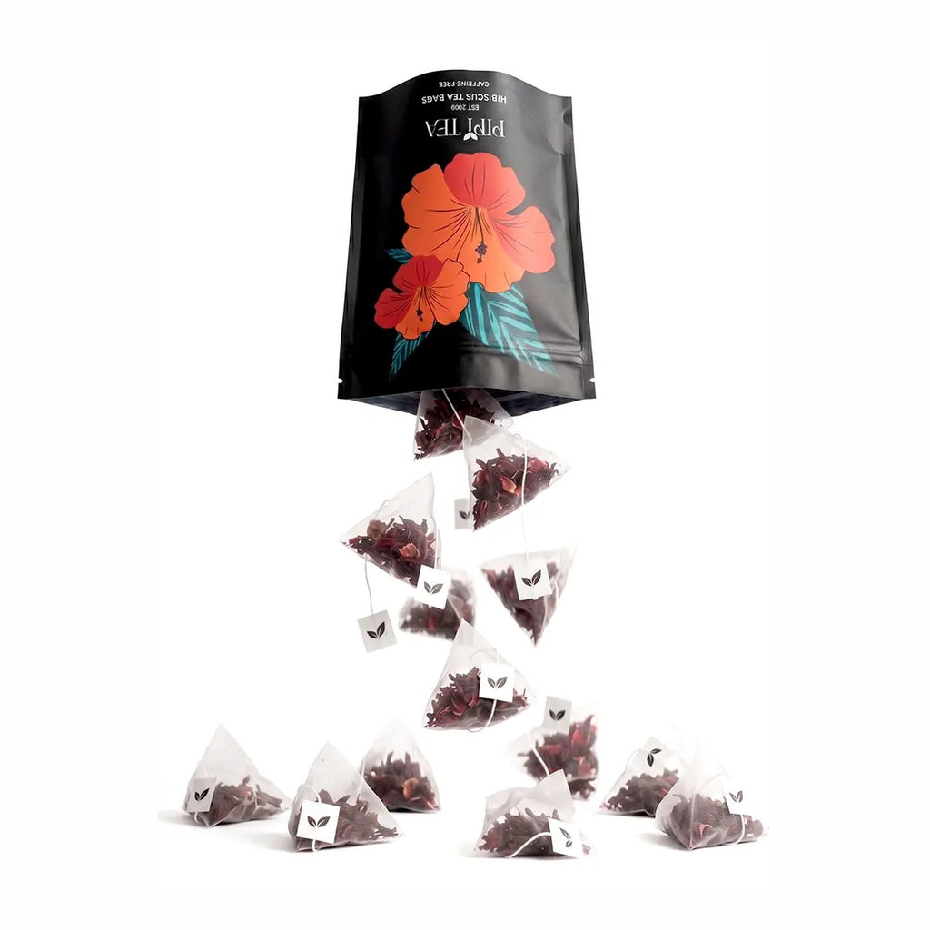 Pouch of hibiscus tea with its pyramid bags