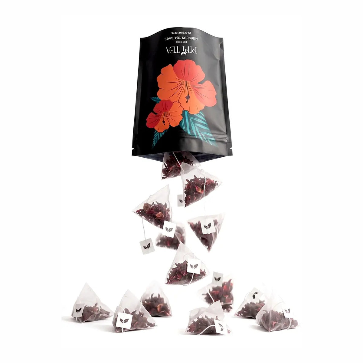 Pouch of hibiscus tea with its pyramid bags