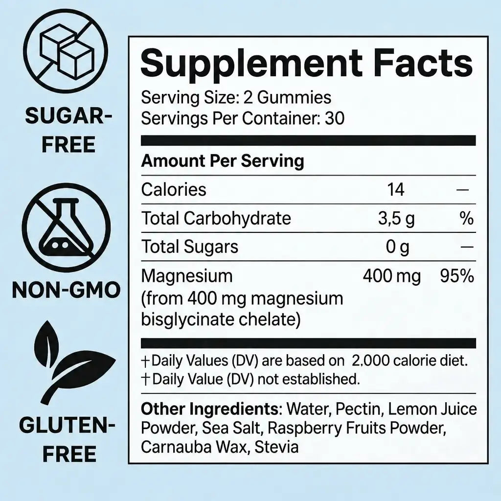 Nutrition information: 400 mg of magnesium per 2 gummies